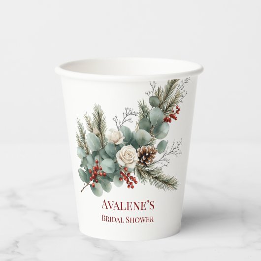 Kerst Rode Bes Witte Rozen Bruidsfeest Papieren Bekers (Voorkant)