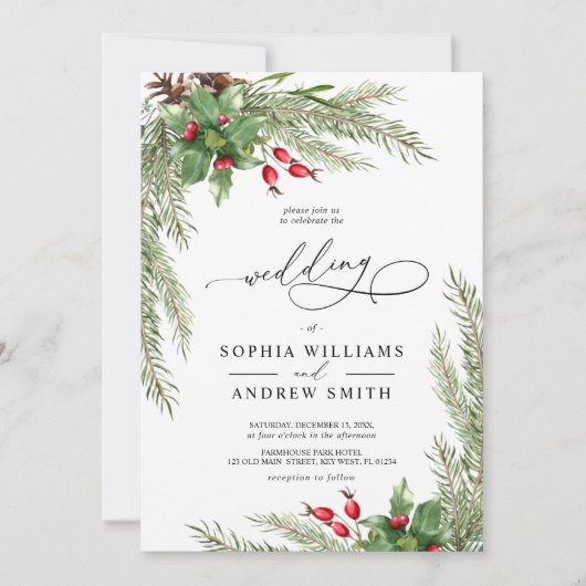 Kerst rode bessen bruiloft kaart (Voorkant)