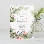 Kerst rode bessen dennenkrans bruiloft kaart (Staand voorkant)