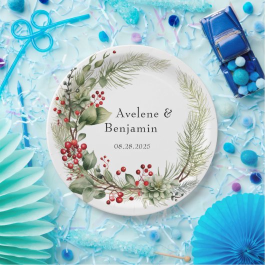 Kerst rode bessen dennennaalden krans bruiloft papieren bordje (Feest)