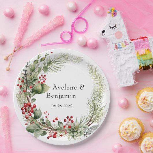 Kerst rode bessen dennennaalden krans bruiloft papieren bordje (Feest)