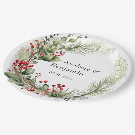 Kerst rode bessen dennennaalden krans bruiloft papieren bordje (Gekanteld)