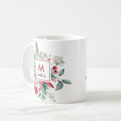 Kerst rode bessen groen boeket monogram koffiemok (Voorkant links)