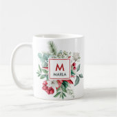 Kerst rode bessen groen boeket monogram koffiemok (Links)