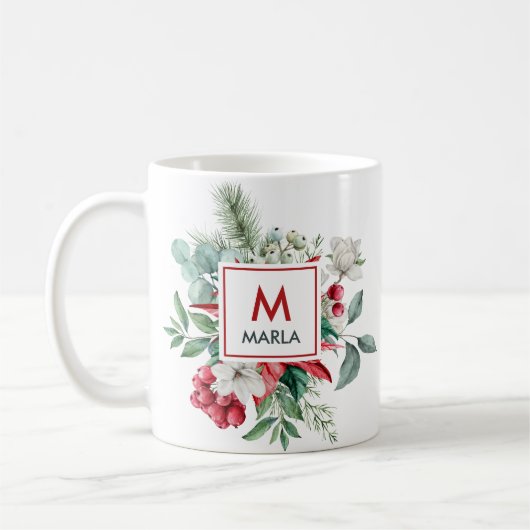 Kerst rode bessen groen boeket monogram koffiemok (Links)
