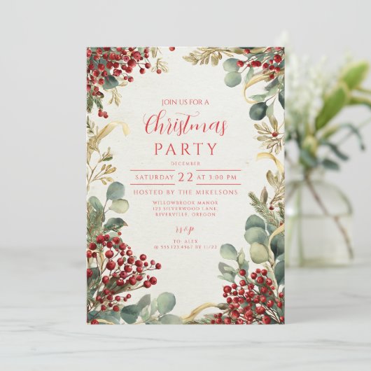 Kerst rode bessen groen kaart (Staand voorkant)