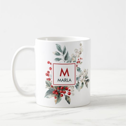 Kerst rode bessen groen monogram koffiemok (Links)