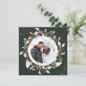 Kerst Rode bessen krans Bloemen Photo Square Feestdagenkaart (Staand voorkant)