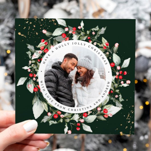 Kerst Rode bessen krans Bloemen Photo Square Feestdagenkaart