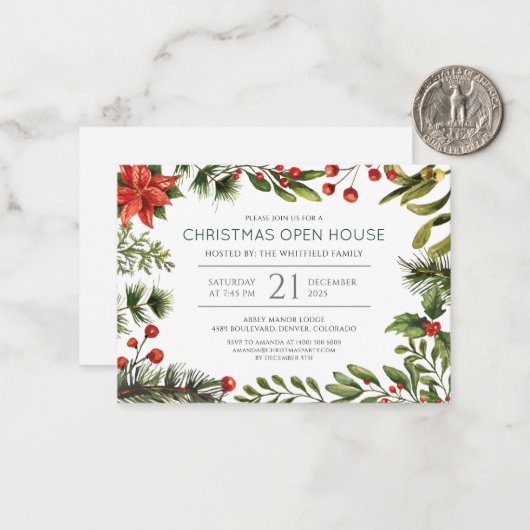 Kerst Rode bessen Open Huis Party Uitnodiging (Voorkant / Achterkant in situ)