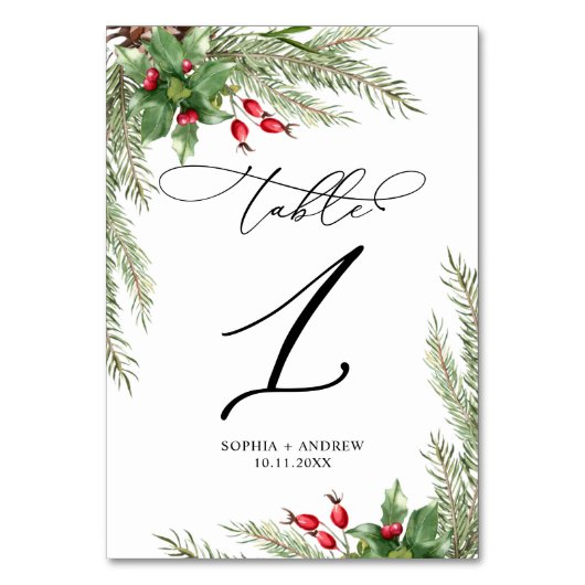 Kerst rode bessen tafel 1 bruiloft kaart (Voorkant)
