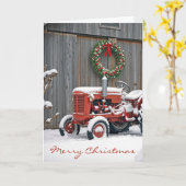 Kerst Rode Boerderij Tractor In De Sneeuw Kaart (Gele Bloem)
