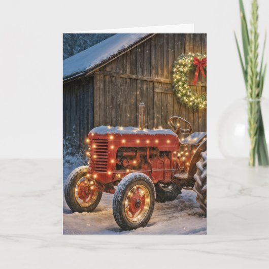 Kerst Rode Boerderij Trekker Met Lichtkrans Kaart (Voorkant)