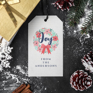 Kerst Rode Boog Krans Blauwe Joy Gift Label Cadeaulabel