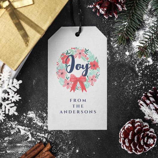 Kerst Rode Boog Krans Blauwe Joy Gift Label Cadeaulabel