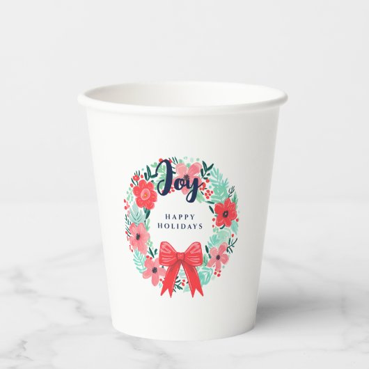 Kerst Rode Boog Krans Blauwe Joy Vakantie Papieren Bekers (Voorkant)