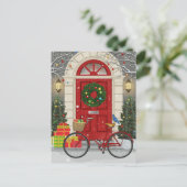 Kerst Rode Deur Fiets Kerstcadeaus Scene Feestdagenkaart (Staand voorkant)