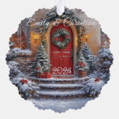 Kerst Rode Deur Krans Lampjes Ornament Kaart (Achterkant)