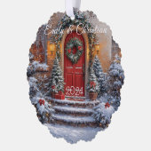 Kerst Rode Deur Krans Lampjes Ornament Kaart (Links)