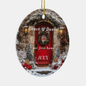Kerst Rode Deur Krans "Ons Eerste Huis" Keramisch Ornament (Rechts)