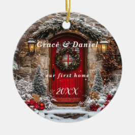 Kerst Rode Deur Krans "Ons Eerste Huis" Keramisch Ornament