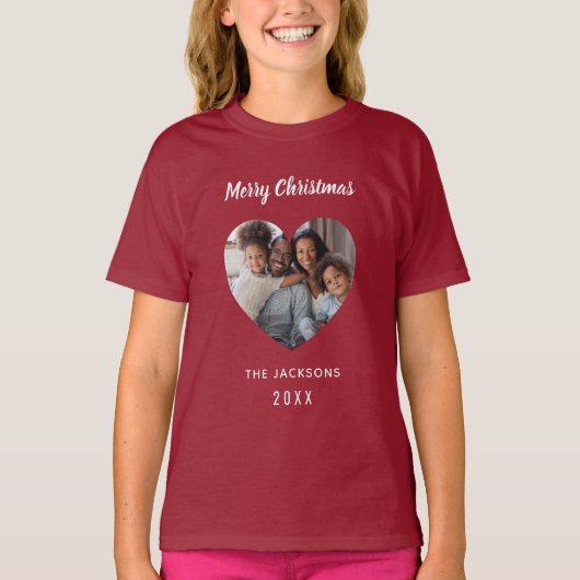 Kerst rode familie foto hart naam meisje t-shirt (Voorkant)