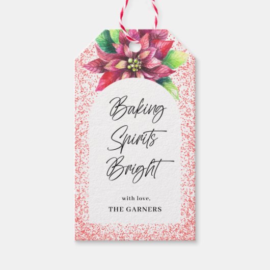 Kerst Rode Glitter Poinsettia Bakgeesten Cadeaulabel (Voorkant)