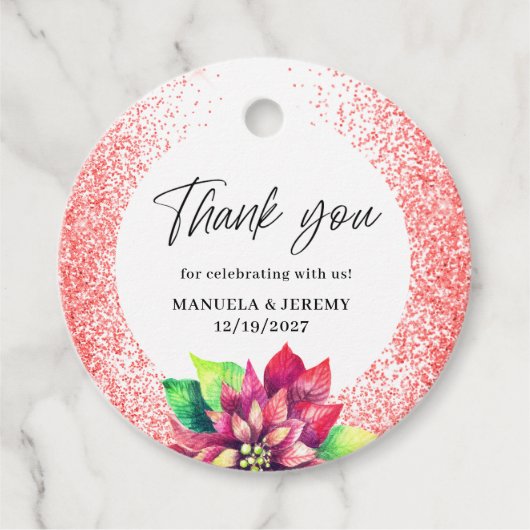 Kerst Rode Glitter Poinsettia Dank u bruiloft Bedankjes Labels (Voorkant)