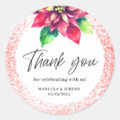Kerst Rode Glitter Poinsettia Dank u bruiloft Ronde Sticker (Voorkant)
