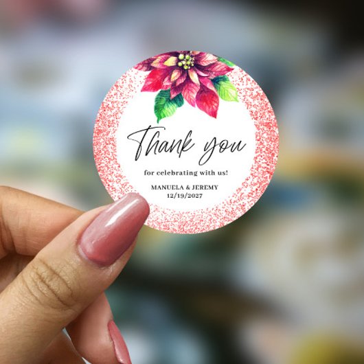 Kerst Rode Glitter Poinsettia Dank u bruiloft Ronde Sticker