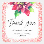 Kerst Rode Glitter Poinsettia Dank u bruiloft Vierkante Sticker (Voorkant)