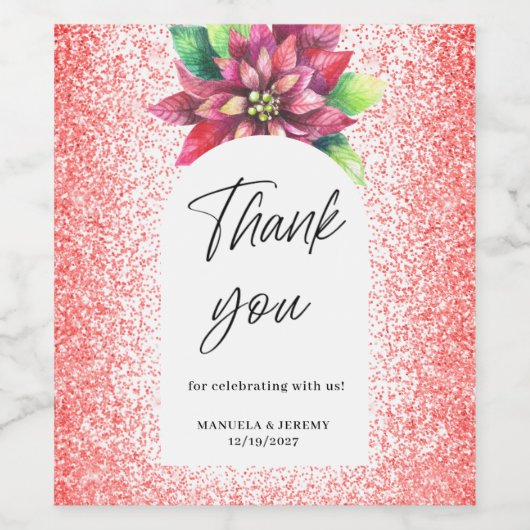 Kerst Rode Glitter Poinsettia Dank u bruiloft Wijn Etiket (Enkel label)