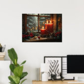 Kerst Rode Kaarsen Winter Landschap Raam Poster (Thuiskantoor)