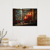 Kerst Rode Kaarsen Winter Landschap Raam Poster (Keuken)