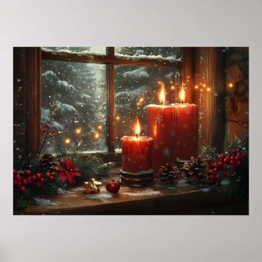 Kerst Rode Kaarsen Winter Landschap Raam Poster (Voorkant)