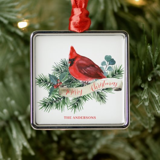 Kerst Rode Kardinaal Pine Berry Naam Metalen Ornament (Boom)
