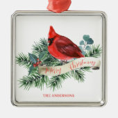 Kerst Rode Kardinaal Pine Berry Naam Metalen Ornament (Voorkant)