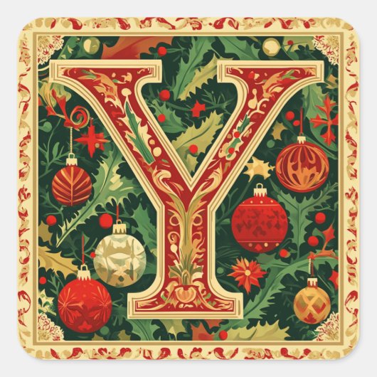 Kerst rode letter Y met groen Vierkante Sticker (Voorkant)