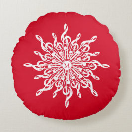 Kerst Rode ornamentaal monogram G-Clef Sneeuwvlok Rond Kussen