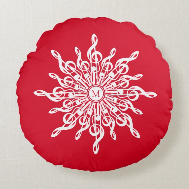 Kerst Rode ornamentaal monogram G-Clef Sneeuwvlok Rond Kussen (Voorkant)