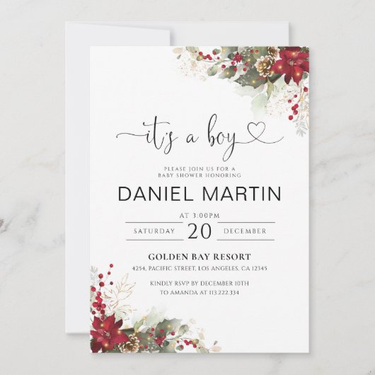 Kerst Rode Poinsettia Baby shower Invitation Kaart (Voorkant)