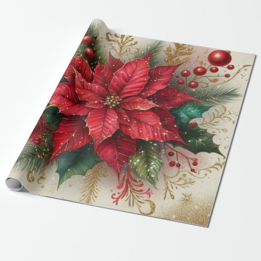 Kerst Rode Poinsettia Bloem Inpakpapier (Uitgerold)