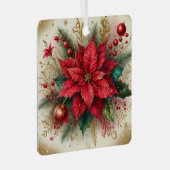 Kerst Rode Poinsettia Bloem met Gouden Glitter Metalen Ornament (Voorkant Rechts)