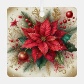 Kerst Rode Poinsettia Bloem met Gouden Glitter Metalen Ornament (Voorkant)