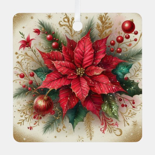 Kerst Rode Poinsettia Bloem met Gouden Glitter Metalen Ornament (Voorkant)