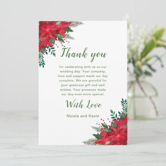 Kerst Rode Poinsettia Bloemen bruiloft Bedankkaart (Staand voorkant)
