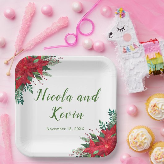 Kerst Rode Poinsettia Bloemen bruiloft Papieren Bordje (Feest)