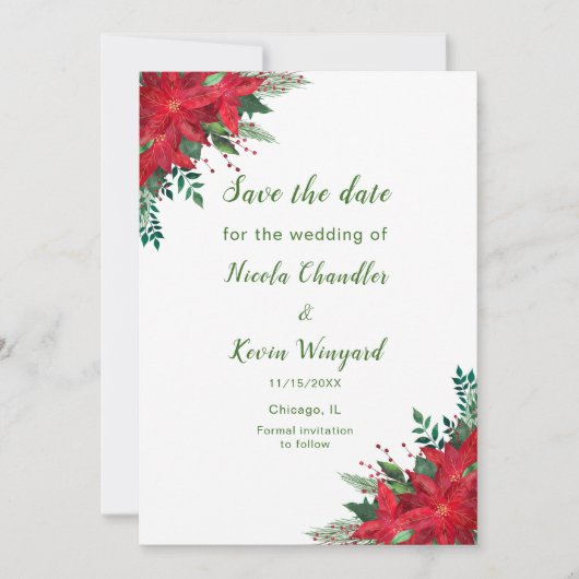 Kerst Rode Poinsettia Bloemen bruiloft Save The Date (Voorkant)