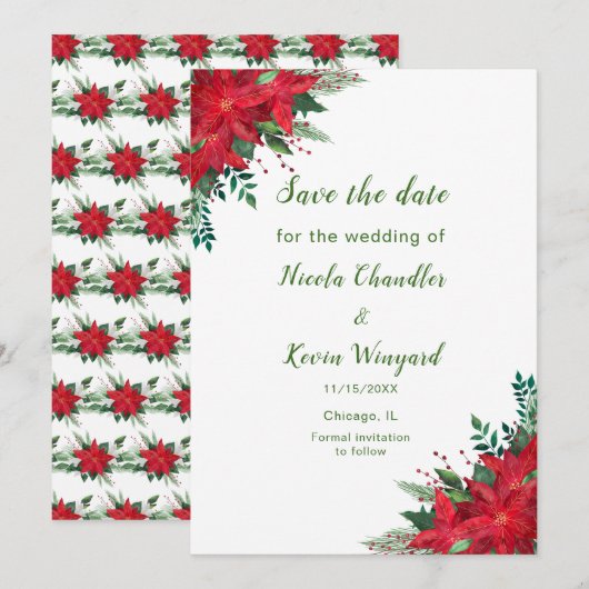 Kerst Rode Poinsettia Bloemen bruiloft Save The Date (Voorkant / Achterkant)
