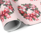 Kerst Rode Poinsettia en bessen Krans Roze Cadeaupapier (Rol Hoek)